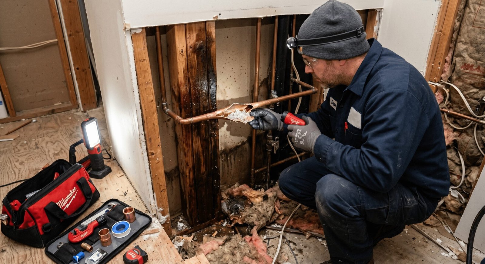 Plumber opening a wall to repair a pipe after leak detection in a DFW home
