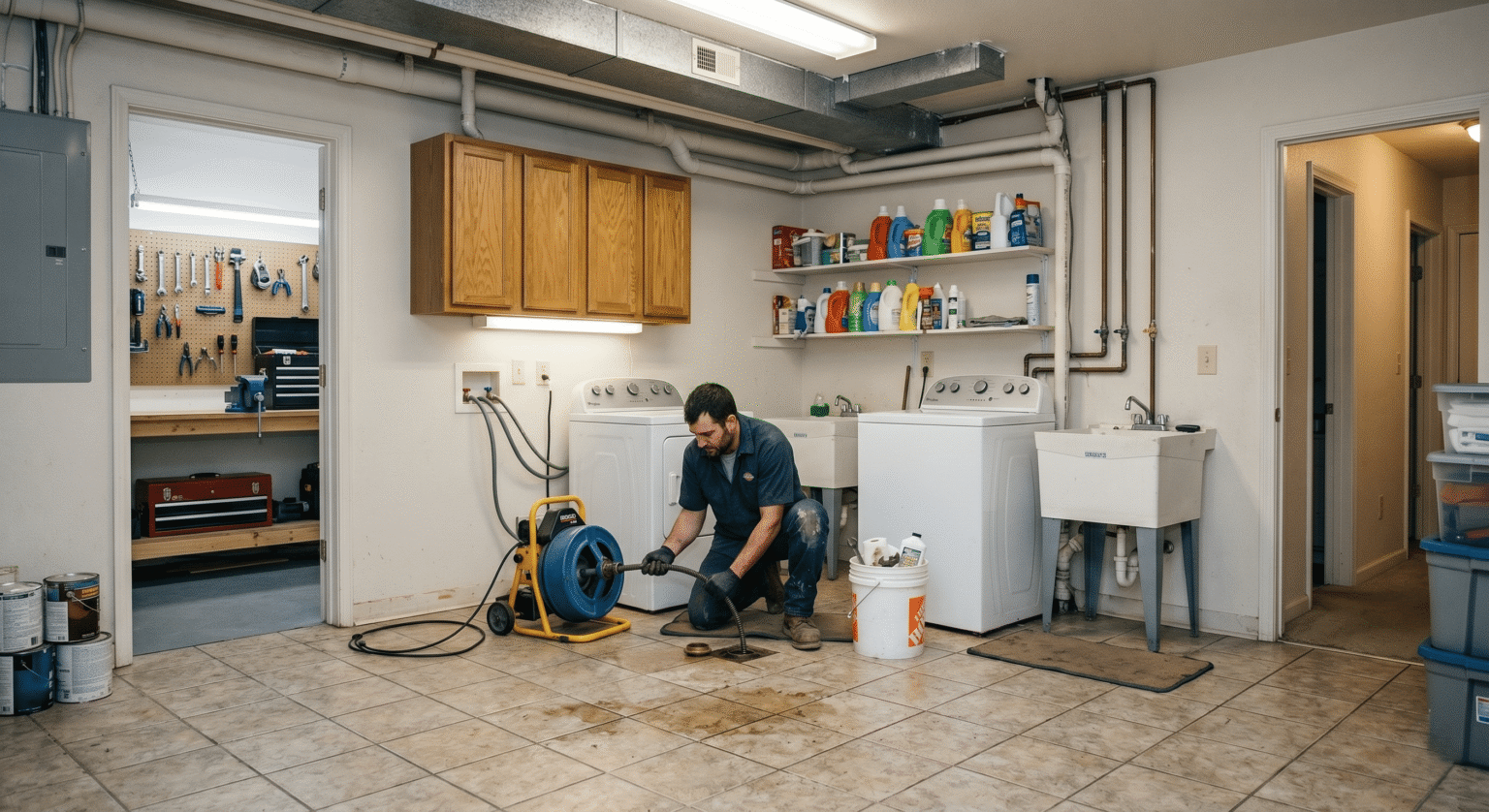 Hurst plumber from Bulwark Plumbing clearing a drain line in an older home