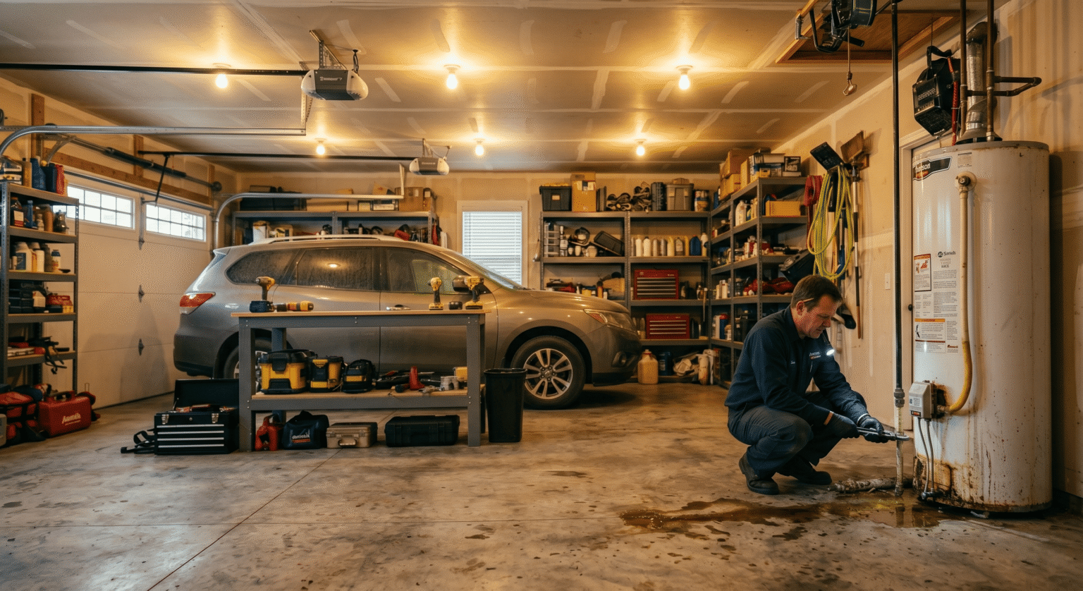 Water heater in a garage, where a dripping relief valve can cause a high water bill