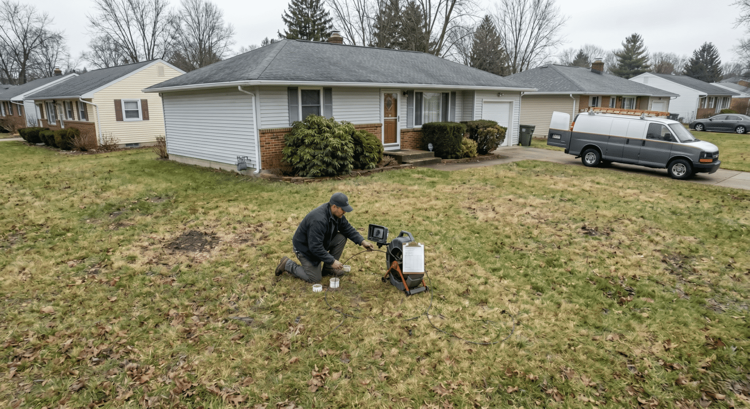Technician locating the sewer line before a hydro jetting service in DFW