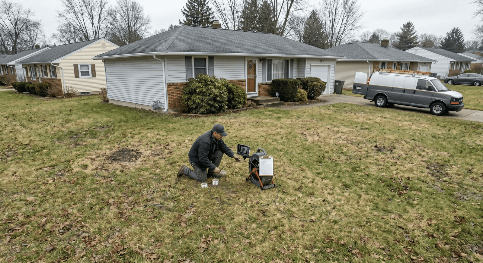 Hurst plumber from Bulwark Plumbing locating a sewer line in a front yard