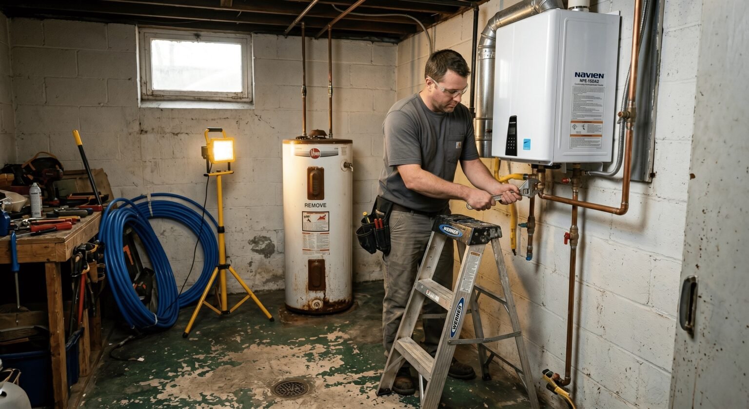 Bulwark plumber checking the venting and gas connection on a tankless water heater